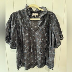 Sea New York Black Floral Pintuck Peasant Blouse with Blue Accents